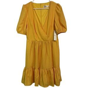 ELIZA J Surplice Neck Puff Sleeve Fit & Flare Dress Yellow Pockets NWT Size 6‎
